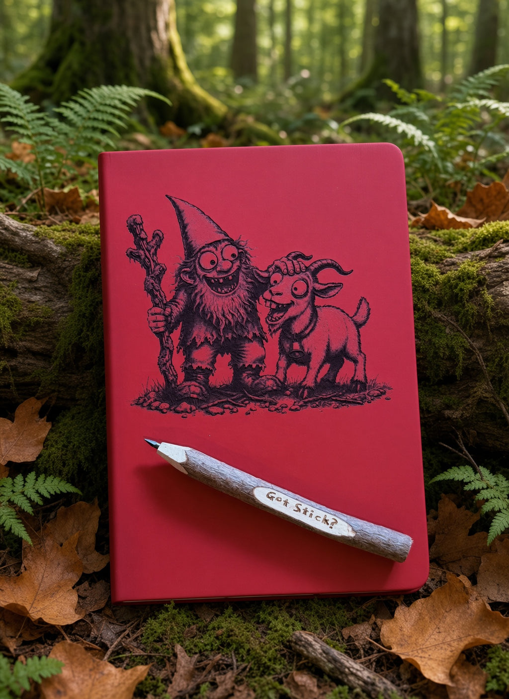 Gnomie & Goat Field Notes red cover with Got Stick twig pencil in front, on forest floor