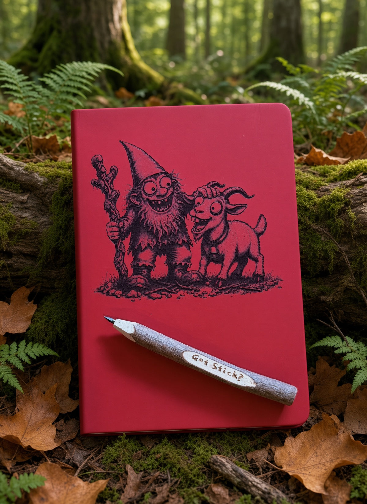 Gnomie & Goat Field Notes red cover with Got Stick twig pencil in front, on forest floor