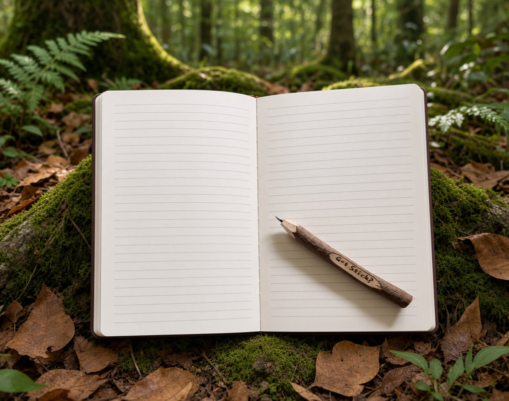 Gnomie & Goat Field Notes open journal on moss in the forest with Got Stick twig pencil