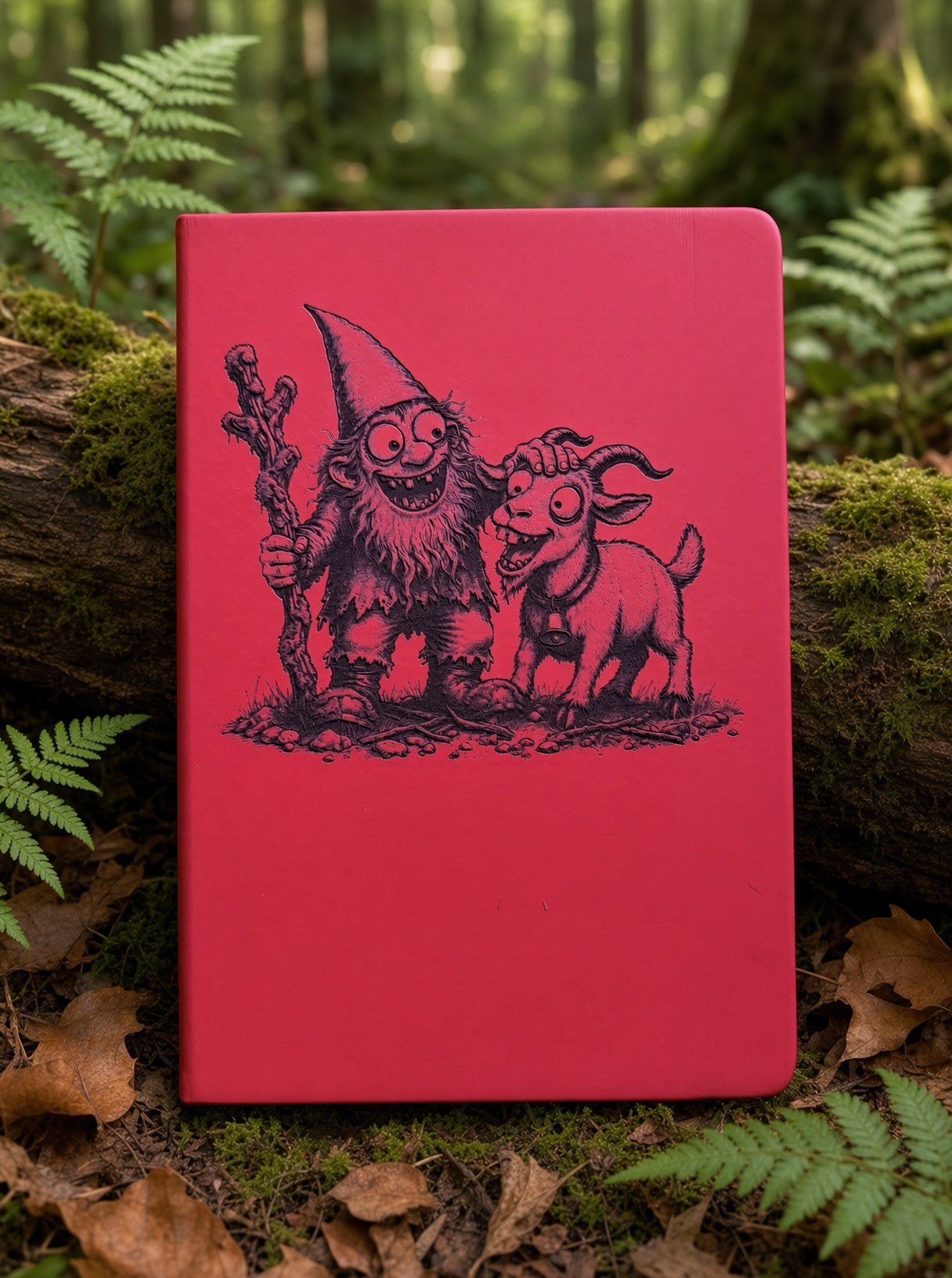 Gnomie & Goat Field Notes red cover leaning against a mossy log in a fern forest