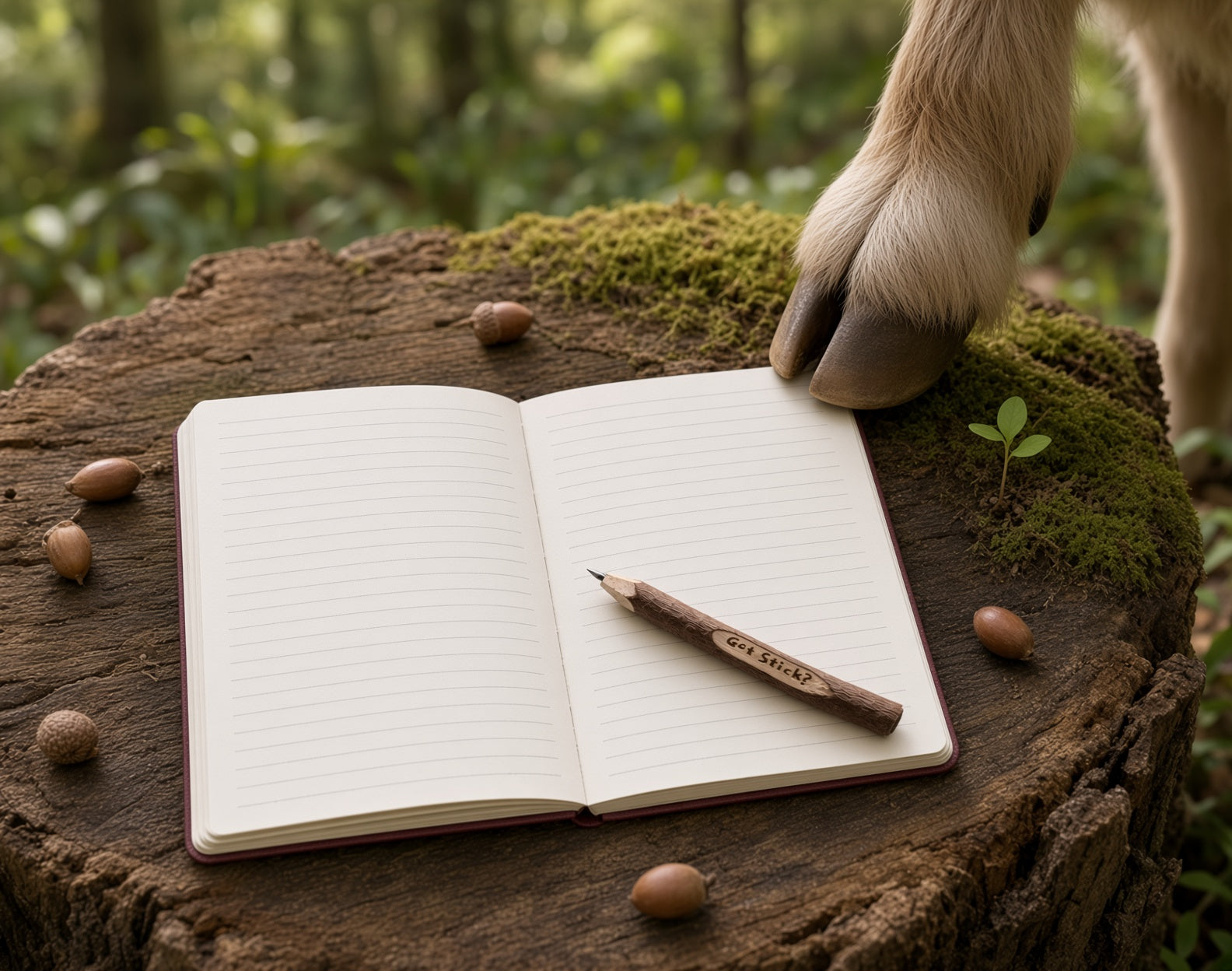 The Gnomie Field Journal open on a tree stump with the Got Stick twig pencil and a goat hoof